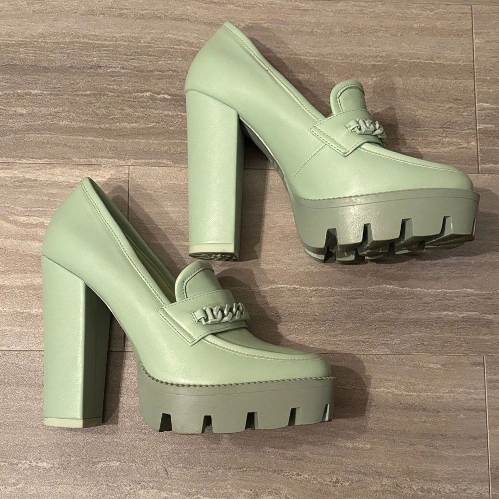 Rag & Co Mint Green Chunky Heel Platform Loafers